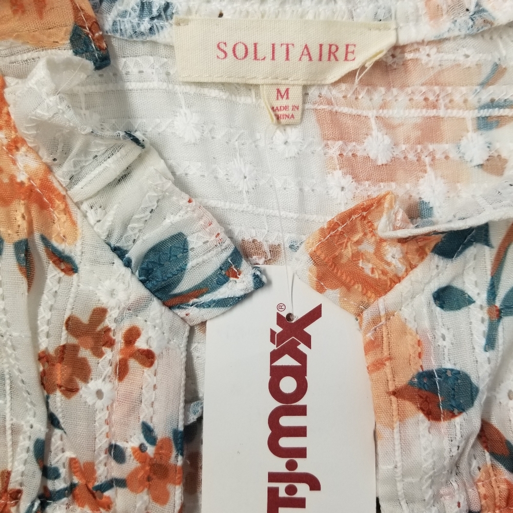 Solitaire Woman Size M Blouse V Neck String Tie Long Sleeve Sheer Floral Pint - Picture 10 of 11
